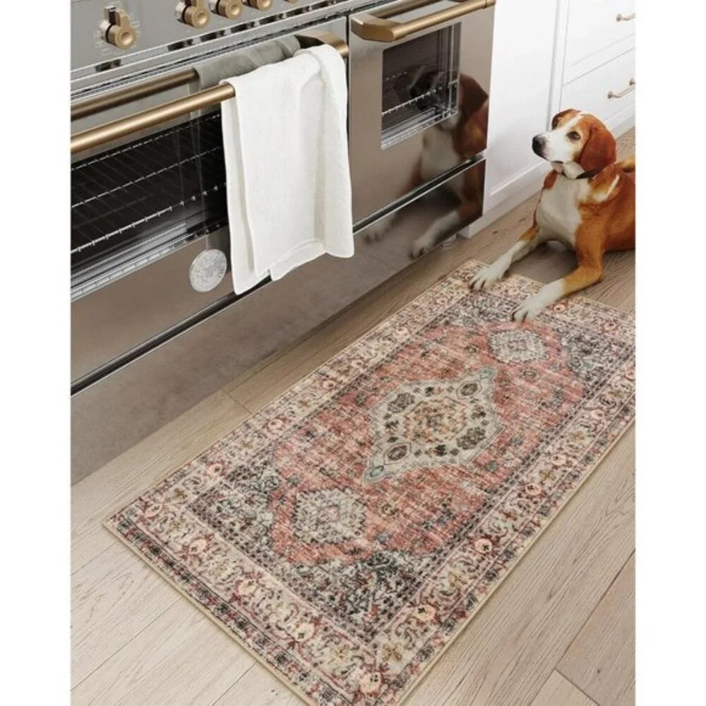 New 2x4 Peach Orange Oriental Rug, Washable, Non-Slip Vintage Entryway Carpet